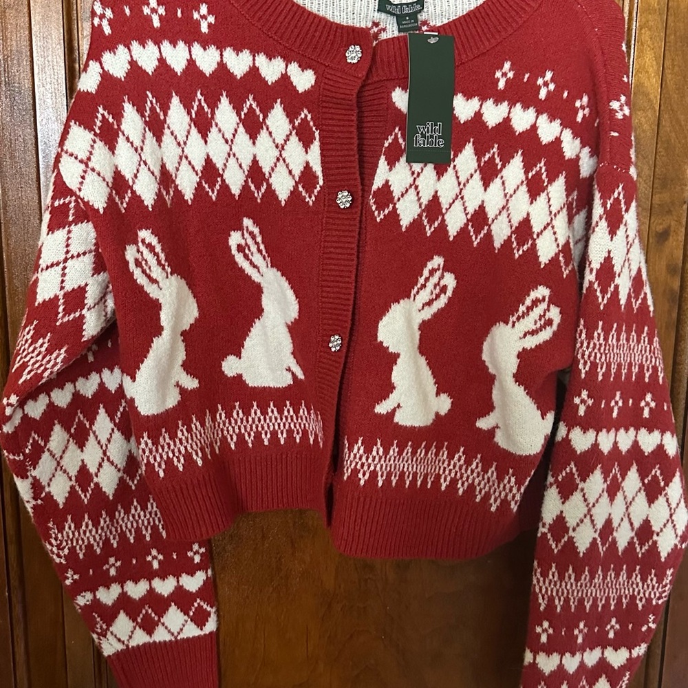 Wild Fable Red and White Bunny Cardigan